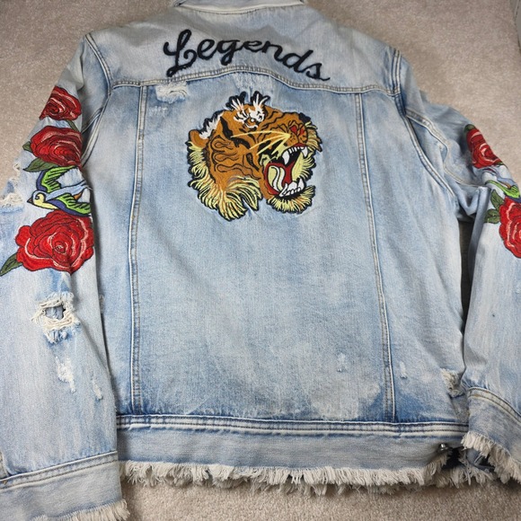 Denim Sherpa Jacket 2XL Tiger Embroidered Distressed Streetwear Legends Rose Bee - Picture 10 of 12